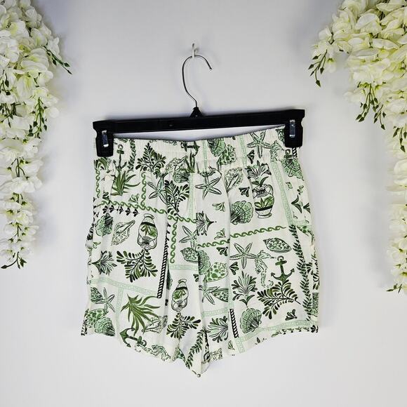 New Midnight Sky White Green Shell Print High Waist Shorts Small Coastal Resort - Picture 3 of 13